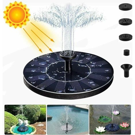 Fontaine Solaire Pompe, 1.4W 150L/h Pompe à Eau Solaire(70CM Maximum) + 6 Buses, Mini Pompe Solaire pour Fontaines D'Étang Jardin Décoratives(Pas Besoin Batterie et Électricité Requise) (1/5)