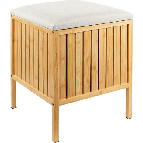 Relaxdays Wäschekorb zum Sitzen, Bambus, gepolsterter Deckel, HBT: 52 x 39 x 39 cm, Badhocker mit Stauraum, natur/creme
