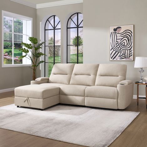 AVERY 3 SEATER ELECTRIC RECLINER CHAISE LOUNGE FABRIC SOFA (Beige) (1/5)