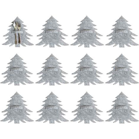 Sac Pour Couverts Forme Arbre De Noël - Tissu Gris - 20 x 20 cm - Décoration De Table Pour Fête De Noël - 12 Pièces (1/5)