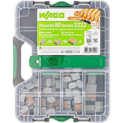 Wago – Malette de 80 bornes de connexion S222 2, 3 et 5 entrées – CAGE CLAMP® – Pour fils souples jusqu'à 4 mm² et rigides jusqu'à 2,5 mm² (1/5)