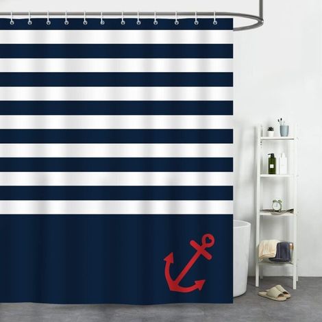 Navy Blue Stripes Nautical Anchor Shower Curtain, Mildew Resistant, Waterproof, Washable, with 12 Hooks MUMU (1/4)