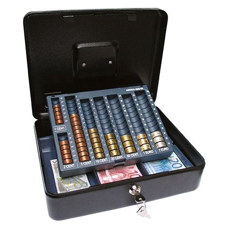 Coffret à monnaie avec monnayeur – 3 compartiments billets – 8 compartiments pièces – Serrure à clé pour sécurité – Dimensions H 9 x L 30 x P 24 cm – Wonday