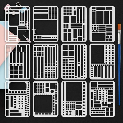 12 Pcs Pochoir Grilles Mise en Page Journal avec Pinceau 14.8x10.5 cm 12 Styles Pochoir Motif Grilles Journal Pochoirs Planificateur Réutilisables pour Bois Mur Tissu Meuble DIY Décor (1/5)
