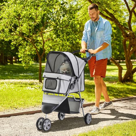 Chariot de transport pliable pour animaux, poussette chien chat avec porte-gobelet et panier de rangement, roues freinées, tissu Oxford 600D acier, 75x45x97 cm gris (1/5)