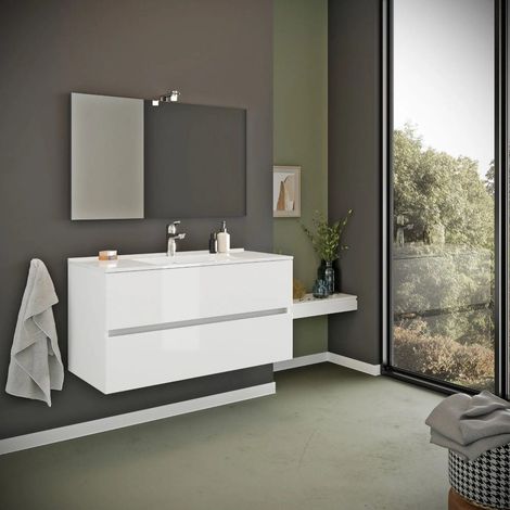Mueble De Baño Suspendido 90Cm 2 Cajones Blanco Brillante Benaco