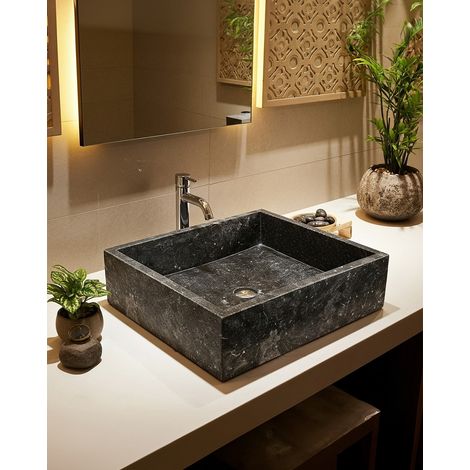 Malka - Vasque à poser rectangle marbre terrazzo premium noire (1/4)