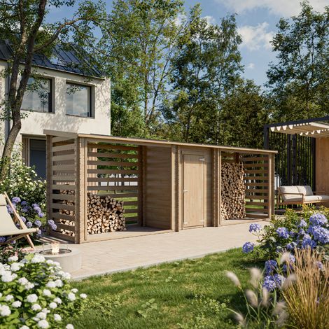 TIMBELA M206 Brennholzlager aus Holz mit geschlossenem Stauraum 6,18 m2  großer doppelter Holzunterstand für Brennholz und Gartengeräte (1/5)