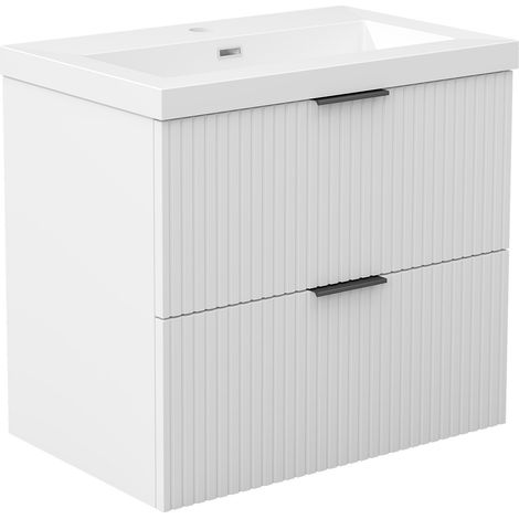 Acezanble 600mm Matt White Bathroom Vanity Unit with Wash Resin Basin Wall Hung Storage Cabinet 2 Drawers (1/4)