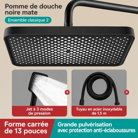 Pommeau de douche de tête carré 33 cm noir mat grand débit réf 5181 500 g – Livraison gratuite