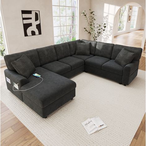 Canapé d'angle en U 249x196 cm, canapé avec méridienne, 3 coussins, ports USB et Type-C, poche porte-revues, pour salon, noir (1/5)