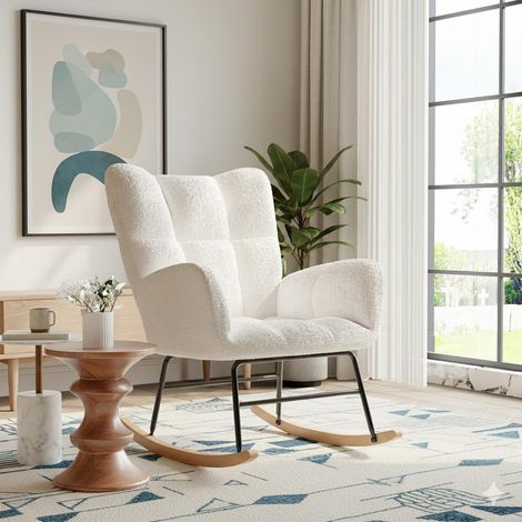 Poltrona a dondolo - Struttura robusta - Morbido comfort ed elegante design per soggiorno e camera da letto - in tessuto bouclé beige (1/5)