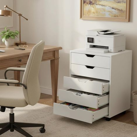 H.J WeDoo Armoire à tiroirs à roulettes, meuble de classement mobile avec 5 tiroirs, sous un bureau, commode à tiroirs pour la maison, le bureau à domicile, blanc