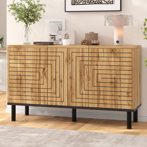 Madia Contenitore con 3 Ante senza Maniglie e 6 Vani, Motivo Ondulato, per Soggiorno, MDF, Naturale, 120 × 35 × 68 cm (1/5)