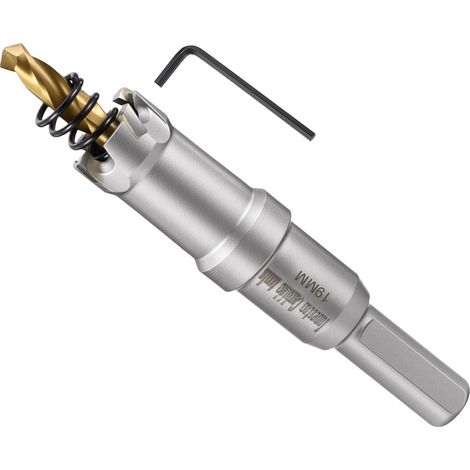 Kit de scie-cloche en carbure de tungstène avec foret central, clé hexagonale et ressort – pour métaux durs, feuilles en acier inoxydable, tubes carrés, fibre de verre, argent (1/5)