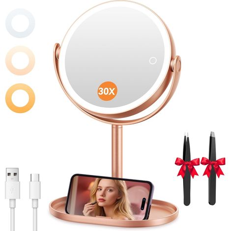 Miroir Grossissant Lumineux Rechargeable 1X/30X, Or Rose (1/5)