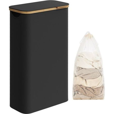 Bardusch - Panier à Linge, 65L, Doublure en Maille Amovible, Tissu Oxford, Poignées en Bambou, Pliable, 42 x 22,5 x 70,5 cm, Noir d'Encre (1/4)