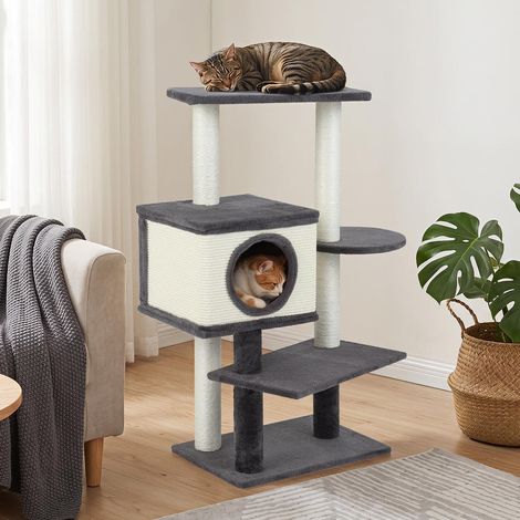 Montage facile arbre à chat 99 cm avec niche, griffoir sisal et plateformes, base renforcée (1/5)