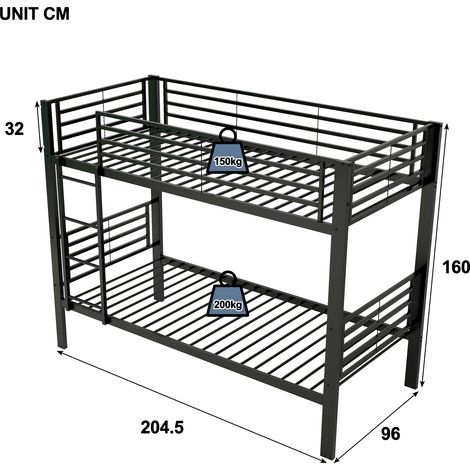 Lit Superposé Métal 90x200 cm, Résiste jusqu'à 350 kg (150/200 kg), Bunk Bed Transformable en 2 Lits Jumeaux, Cadre en Acier Silencieux avec Sommier & Échelle Montable à Gauche ou à Droite, Noir (1/5)