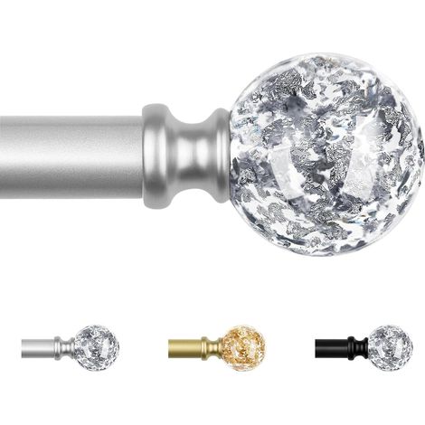 Tringle à Rideaux Extensible 80 à 218cm, Tringle Rideaux Argenté avec Pommelles en Cristal, Pour Fenetre Balcons Chambres (1/5)