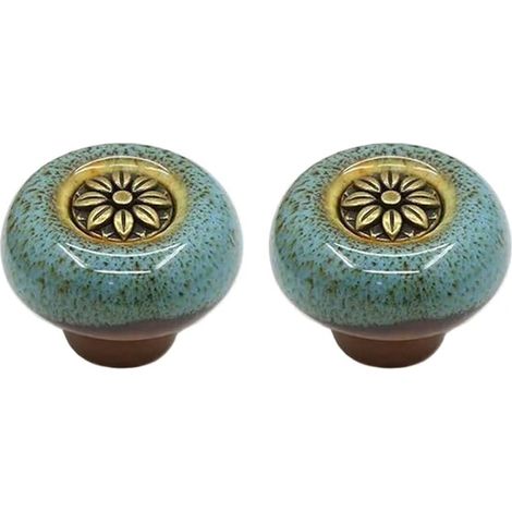 Lot de 2 boutons en céramique – Boutons de porte d'armoire de cuisine de forme ronde vintage pour meubles et tiroirs – Vintage(32 mm de diamètre, bleu bronze) (1/2)