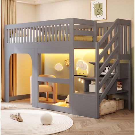Letto bambino rialzato 90x200 con scala contenitore, LED, sponde, grigio HAVRYA (1/5)