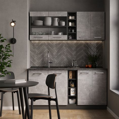 Singleküche R-Line, Beton/Anthrazit, 160 cm , AP Anthrazit, Vicco