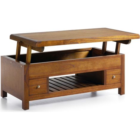 Les Tendances – Table basse relevable en bois massif de Mindy marron – Plateau relevable pour dîner ou travail – Rangement avec 4 portes et 2 tiroirs – Dimensions 110x55x45-65cm (1/3)
