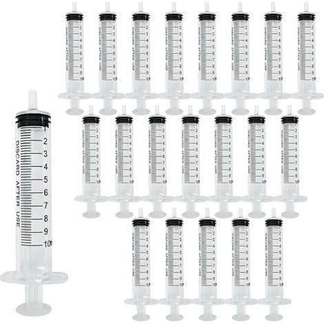 Confezione da 20 siringhe di plastica da 10 ml con tappo, siringhe sterili monouso senza ago, per laboratorio, alimentazione animale, dosaggio di liquidi, fai da te e applicazioni industriali. (1/5)