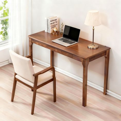 Bureau en bois massif avec tiroirs, bureau assis-debout aux bords arrondis, idéal pour les petits bureaux et les chambres, de style moderne du milieu du siècle, en noyer (1/4)