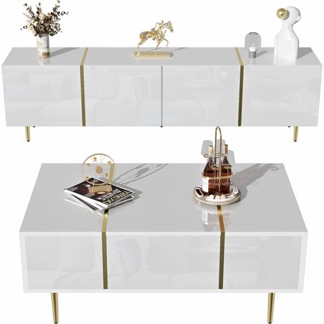 Ensemble meuble TV + table basse – Blanc brillant, moderne