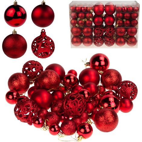 TG66272-5 Rote Weihnachtsbaumkugeln XXL-Set, 100 Stück, verschiedene Muster, Kugeln 6/4/3 cm