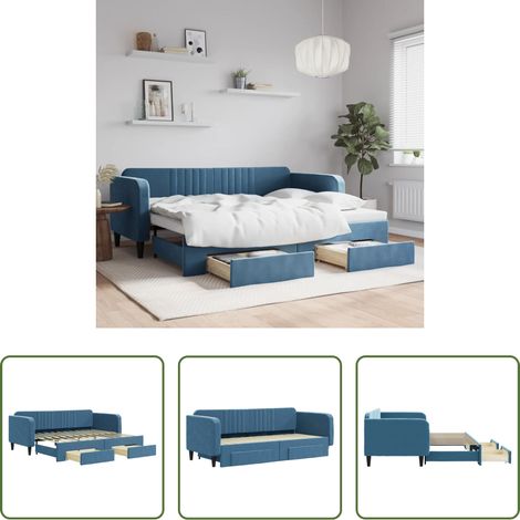 Schlafsofa - Tagesbett Ausziehbar mit Schubladen Blau 90x200 cm Samt (1/5)