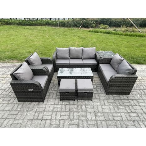 Fimous Polyrattan Gartenmöbelset Rattan Lounge Sofa Set mit Rechteckiger Couchtisch Beistelltisch 2 kleine Fußhockern Dunkelgrau Gemischt (1/5)