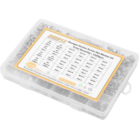 Assortiment de 1220 vis, écrous et rondelles M2, M3, M4 et M5 à tête ronde et six pans creux en acier inoxydable (1/5)