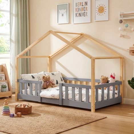 Letto per Cameretta Treviolo a Forma di Casetta in Stile Montessori 80x160 cm Grigio Chiaro/Naturale [en.casa] (1/5)
