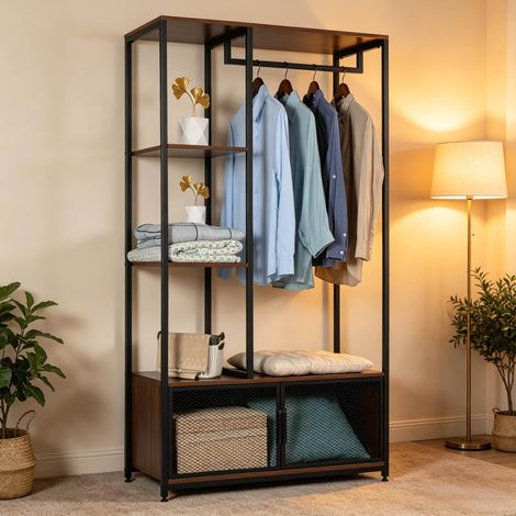 Portant à vêtements 90x40x167 cm en métal et MDF noir, avec rangement pour chambre FloraGrace (1/4)