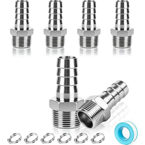6pcs Raccords Cannelés Acier Inox 304, Raccords à Barbe Mâle BSP 3/4" G3/4" x Tuyau 19mm avec Colliers, Connecteur Fileté pour Pompe Eau Air Carburant Gaz Pneumatique (1/5)