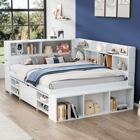 Letto Combinato 140 x 200 cm in Compensato, Letto Singolo con Cassetti, Scaffali e Spazi di Stoccaggio, senza Materasso, Bianco