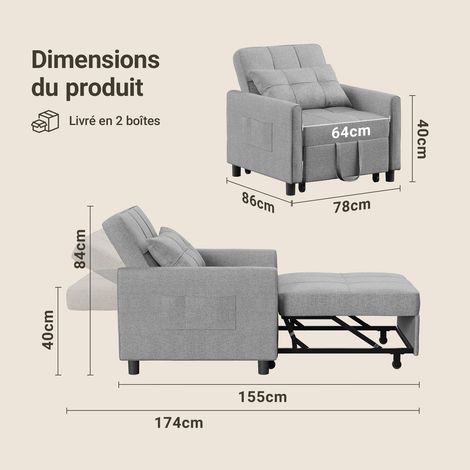 Bealife – Fauteuil convertible 1 place avec rangement – Dossier réglable 3 positions – Acier et tissu en lin – Roues pour mobilité facile