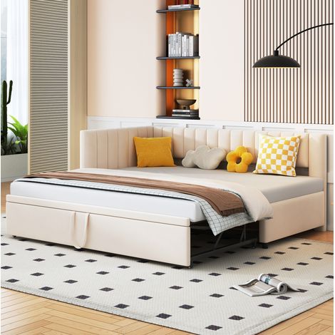 lit adulte couchage pliable compact 90x200 velours beige OKMYHOME (1/5)
