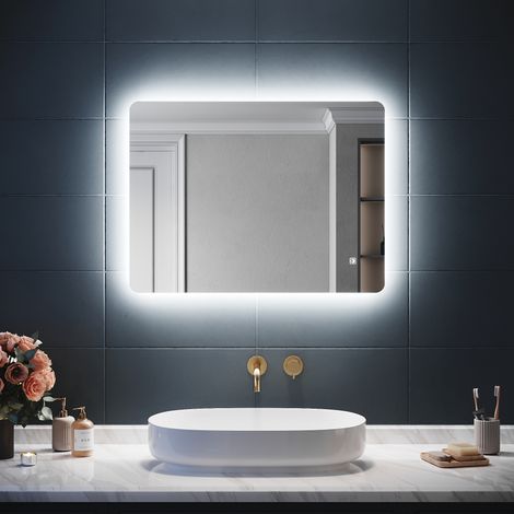 SIRHONA Miroir lumineux de salle de bain 80 x 60 cm Miroir LED à coins arrondis avec réglage de lumière à trois couleurs et fonction anti-buée (1/5)