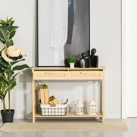 Mesa Consola Mesa de Entrada con 2 Cajones de la Superficie de Ratán y Estante Inferior para Pasillo Salón Dormitorio de Estilo Rústico 100x30x76 cm Natural (1/5)