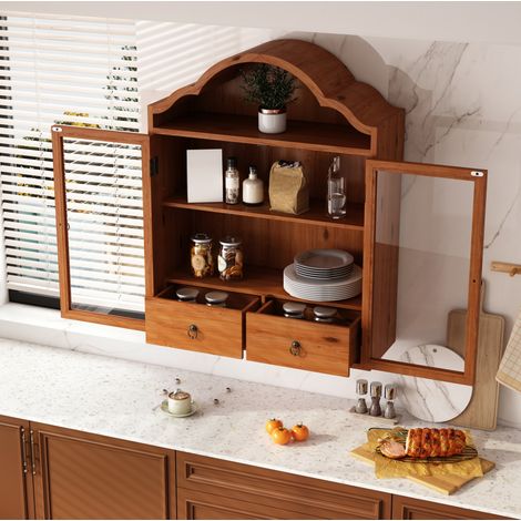 Armario de pared 60/22/76,5 cm de madera maciza marrón con vidrio templado y cajones (1/5)