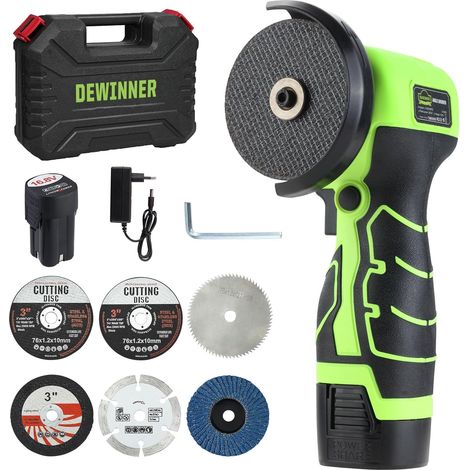 DEWINNER Meuleuse d'Angle Sans Fil 16.8V, Disqueuse Ø 76mm avec 2 Batteries 2 Ah, 19500 RPM Moteur 6 Disques Tronçonnage + 1 Boîte Plastique, Pour Meulage, Polissage, Découpe Professionnels, Vert (1/5)