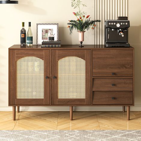 Buffet Bas Style Campagne Bohème en Bois Naturel 130cm - Meuble de Rangement Salon avec 2 Portes en Cannage Rotin, 3 Tiroirs et Étagères Réglables - 130x40x75,5cm (1/5)