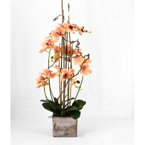 PHALAENOPSIS ORCHIDEA ARTIFICIALE 90CM CON VASO QUADRATO ARANCIONE FIORI PIANTE ARTIFICIALI