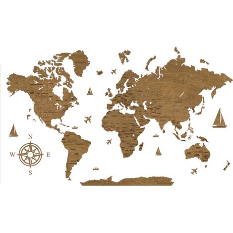 Mapa del mundo de madera 2D, nogal - Patrón I: Fronteras + Nombres de países, capitales y estados, 210 x 130 cm (1/5)