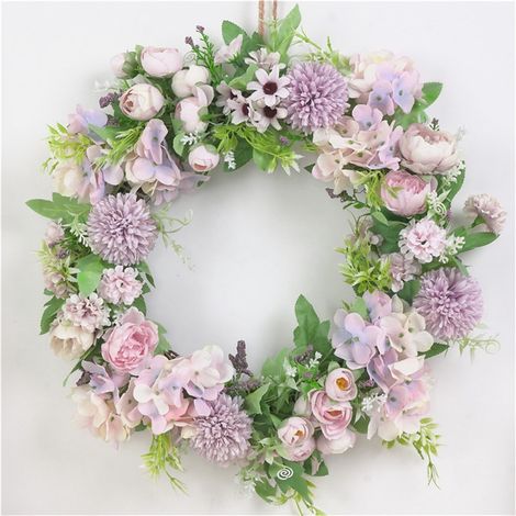 Couronne Artificielle - Pivoine Violette - 40 Cm - Décoration Porte Extérieure Mur Intérieur Mariage Fête Printemps Été - 1 Pièce (1/5)