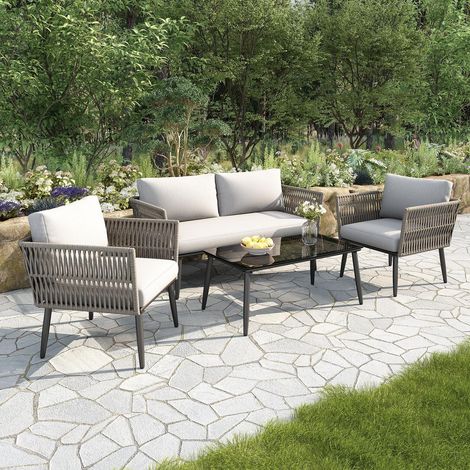 Salon de jardin bas, Mobilier de jardin pour terrasse et balcon, Set 4 pièces avec canapé 2 places 2 fauteuils et table basse en verre, Acier galvanisé et corde tressée PE, Gris